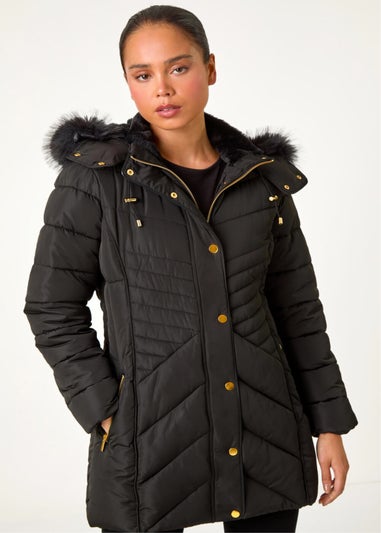 Roman Black Petite Hooded Longline Quilted Coat