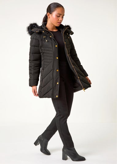 Roman Black Petite Hooded Longline Quilted Coat