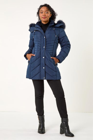 Roman Navy Petite Hooded Longline Quilted Coat