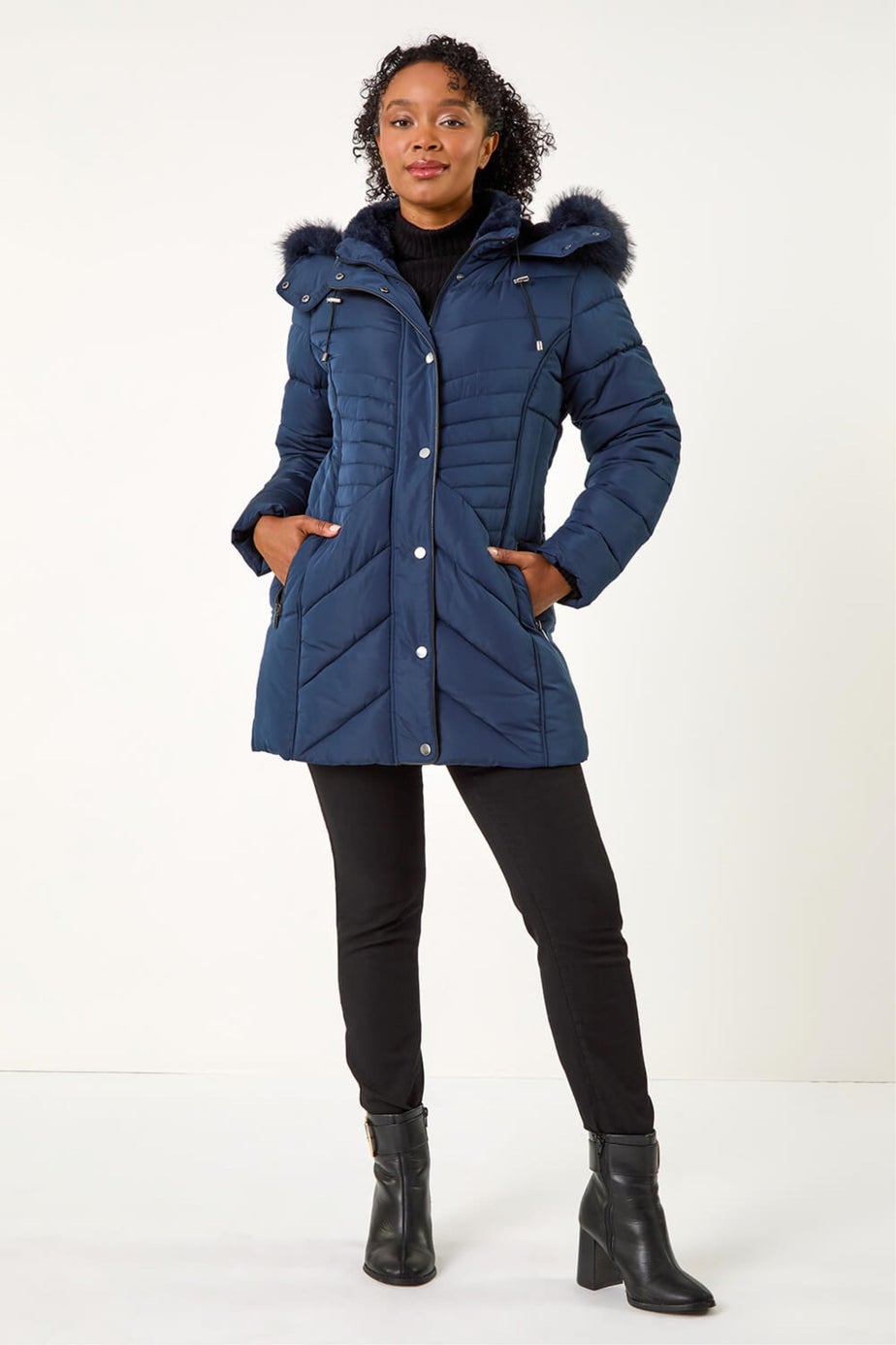 Roman Navy Petite Hooded Longline Quilted Coat