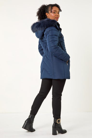 Roman Navy Petite Hooded Longline Quilted Coat