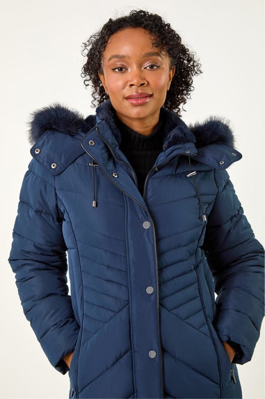 Roman Navy Petite Hooded Longline Quilted Coat