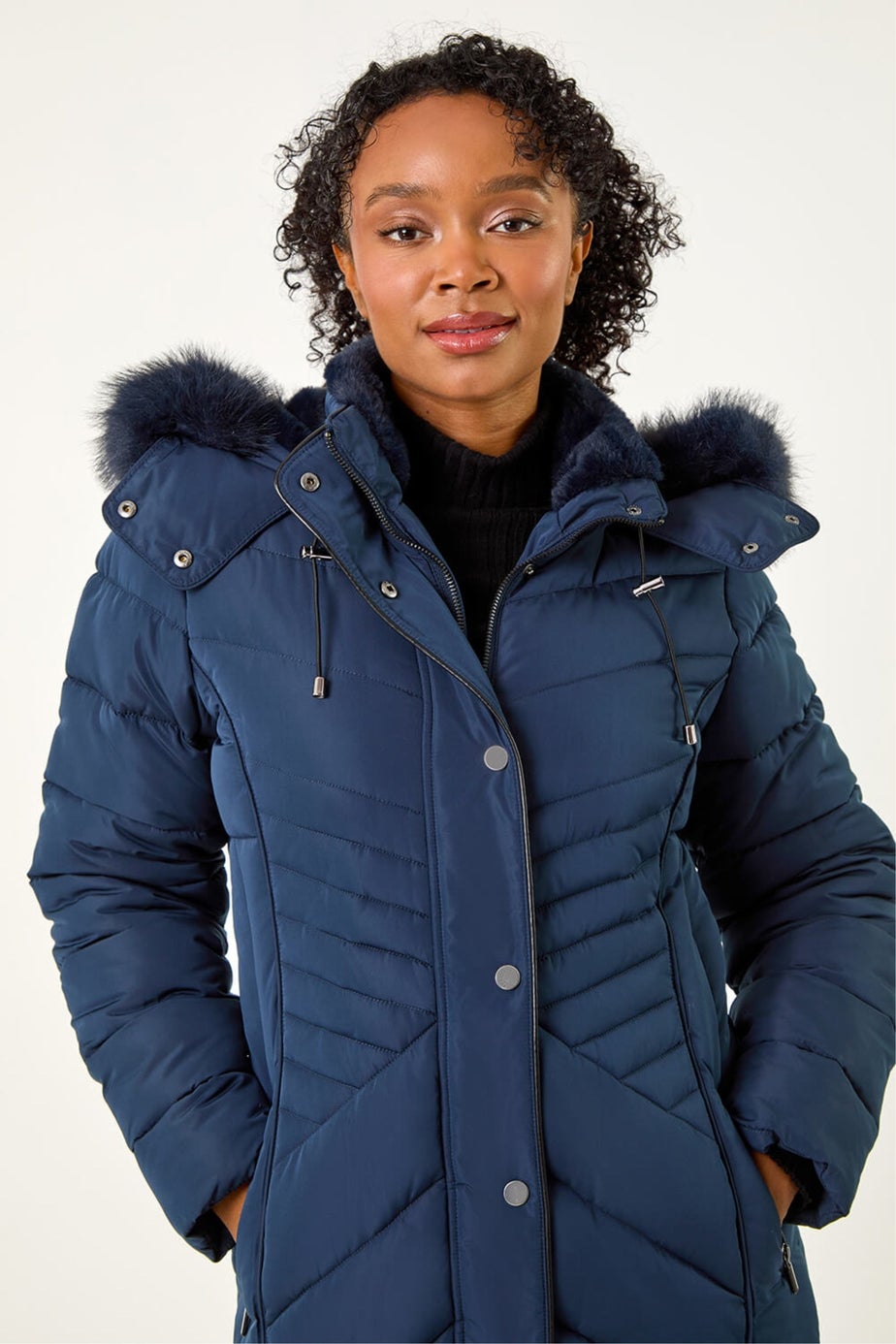 Roman Navy Petite Hooded Longline Quilted Coat