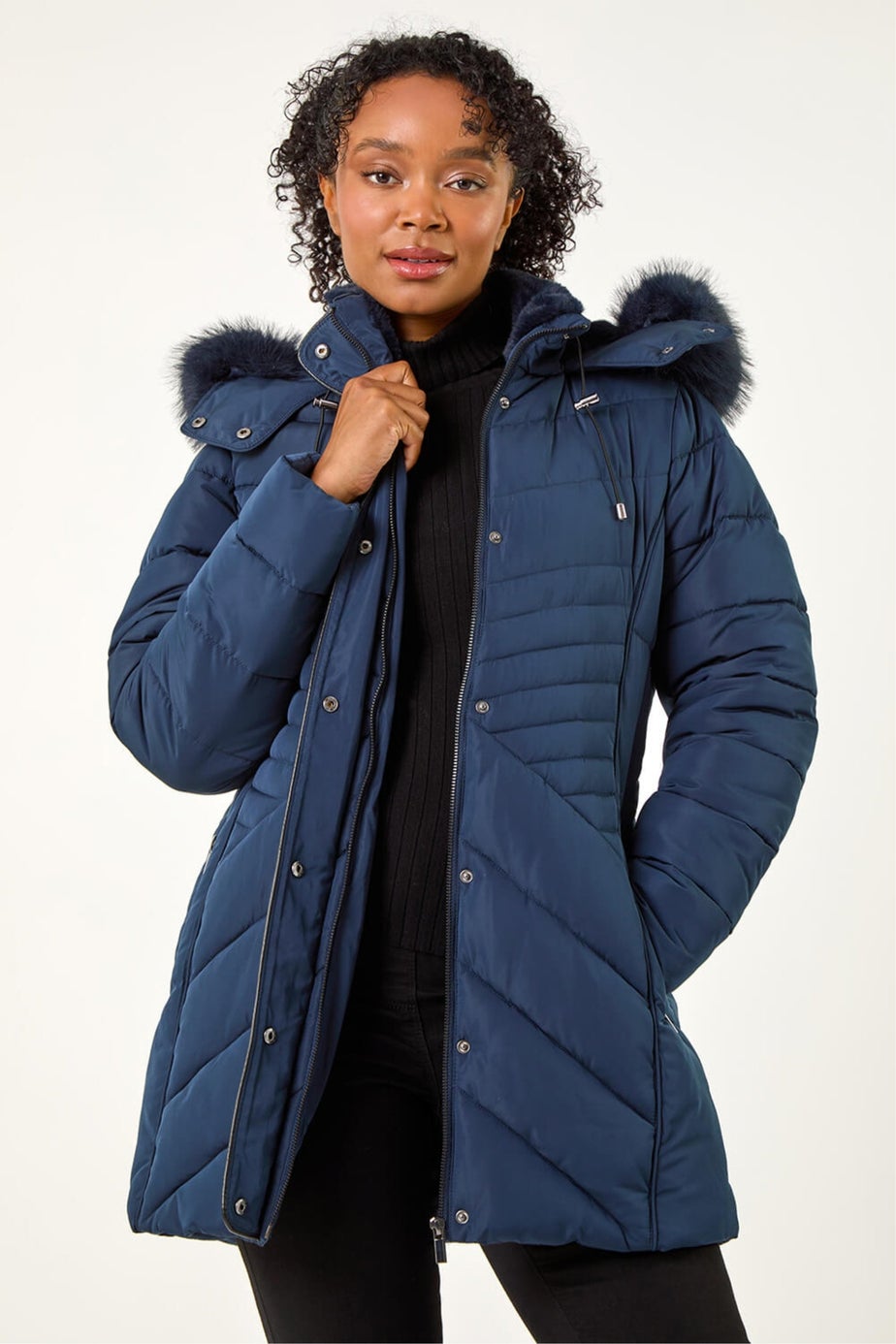 Roman Navy Petite Hooded Longline Quilted Coat