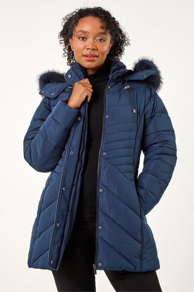 Roman Navy Petite Hooded Longline Quilted Coat