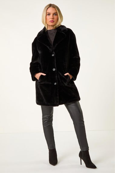 Roman Black Petite Longline Pocket Fur Coat
