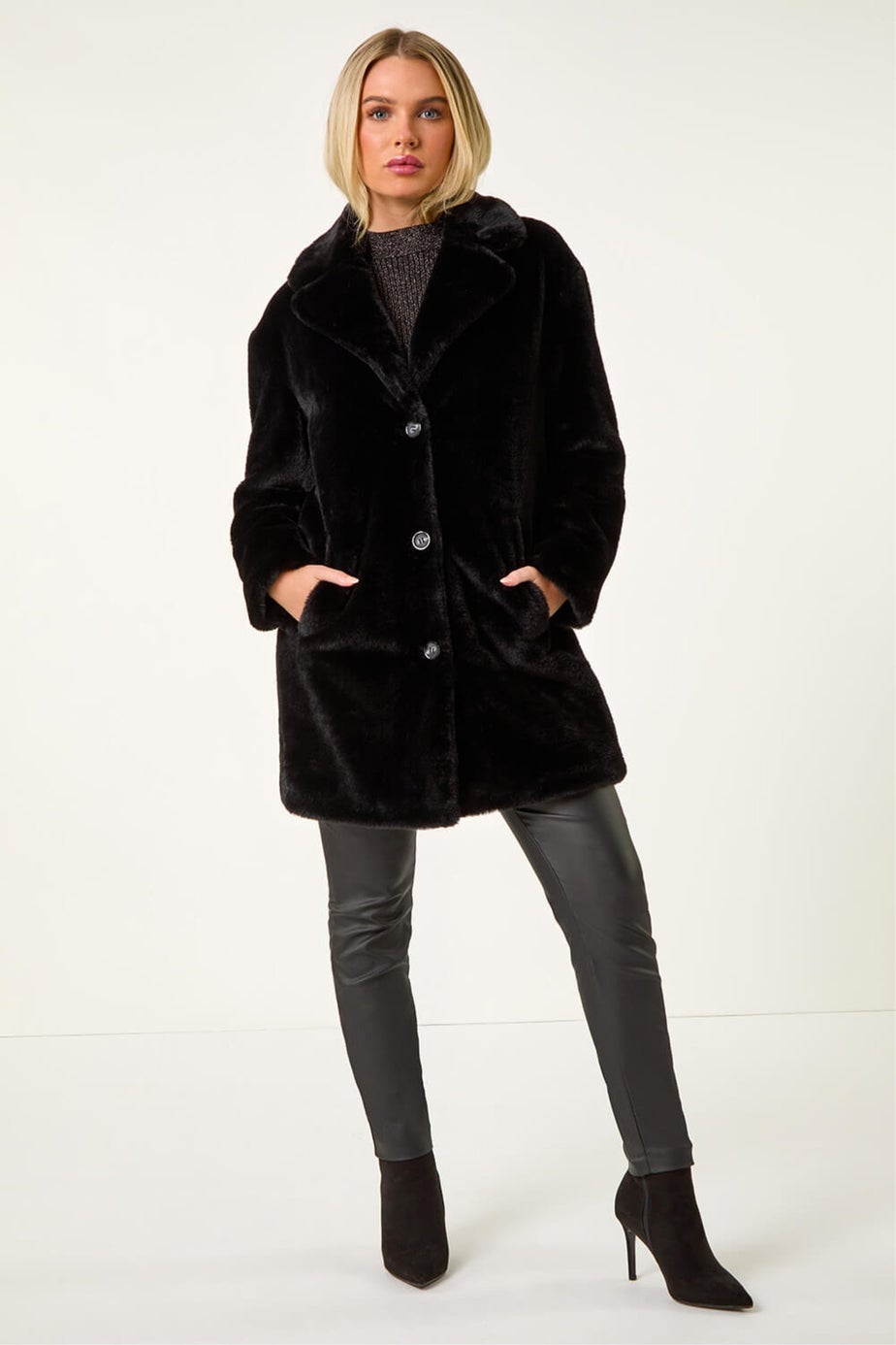 Roman Black Petite Longline Pocket Fur Coat