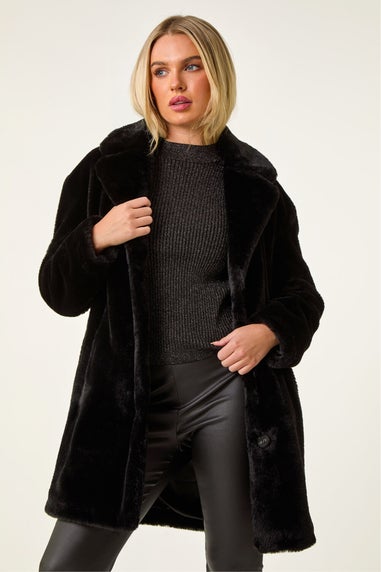 Roman Black Petite Longline Pocket Fur Coat