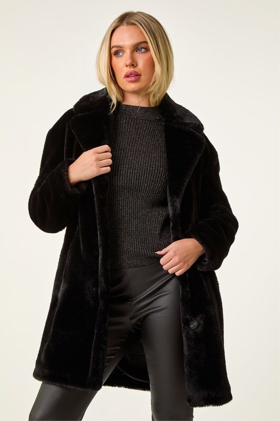 Roman Black Petite Longline Pocket Fur Coat