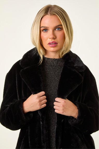 Roman Black Petite Longline Pocket Fur Coat