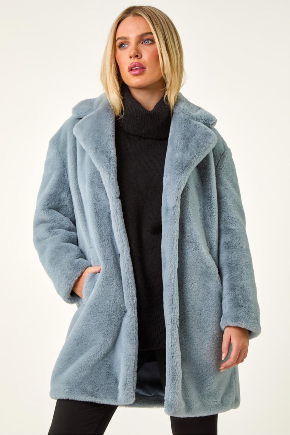 Roman Light Blue Petite Longline Pocket Fur Coat