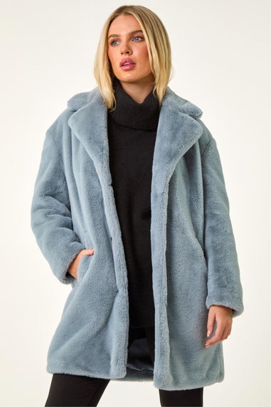 Roman Light Blue Petite Longline Pocket Fur Coat