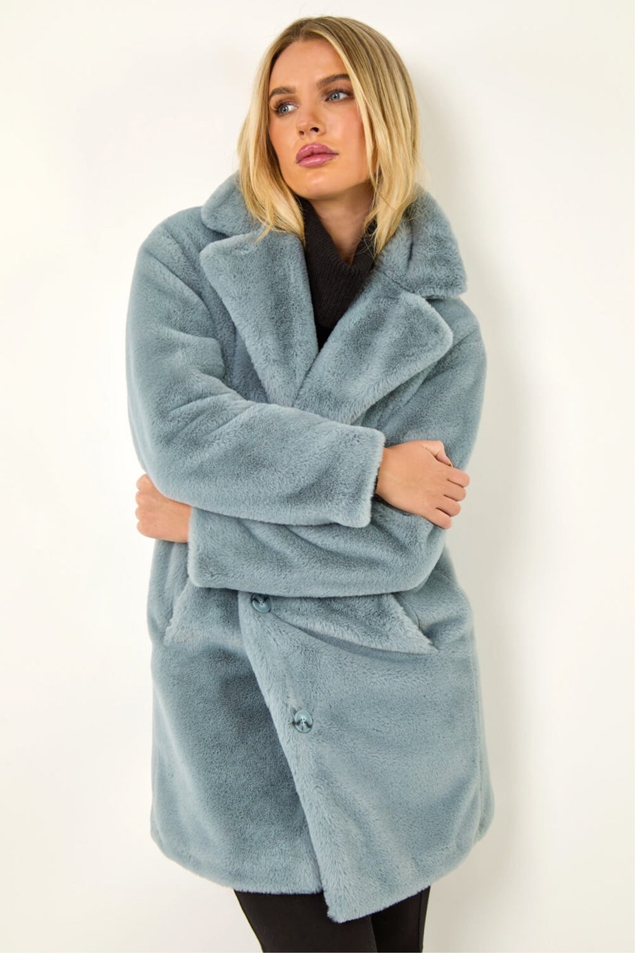 Roman Light Blue Petite Longline Pocket Fur Coat