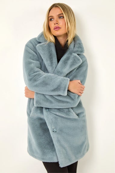 Roman Light Blue Petite Longline Pocket Fur Coat