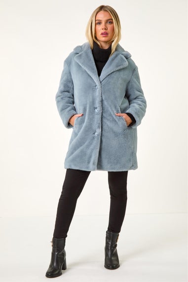 Roman Light Blue Petite Longline Pocket Fur Coat