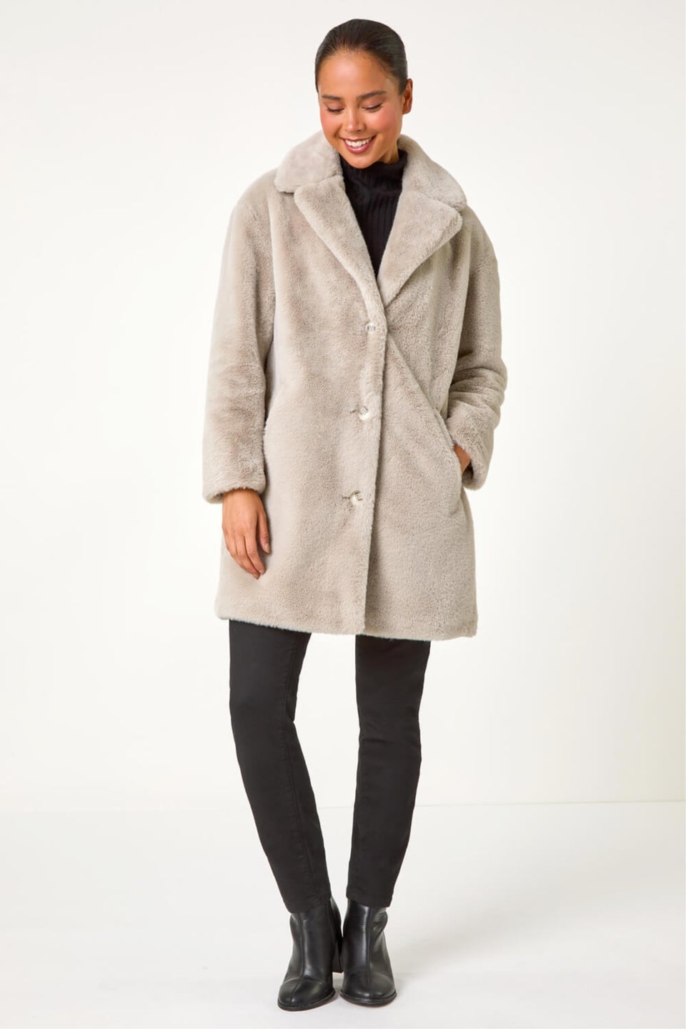Roman Stone Petite Longline Pocket Fur Coat