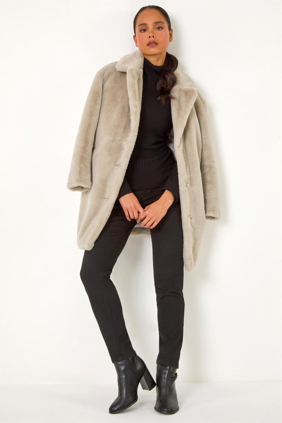 Roman Stone Petite Longline Pocket Fur Coat