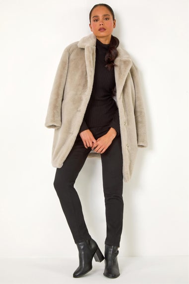 Roman Stone Petite Longline Pocket Fur Coat