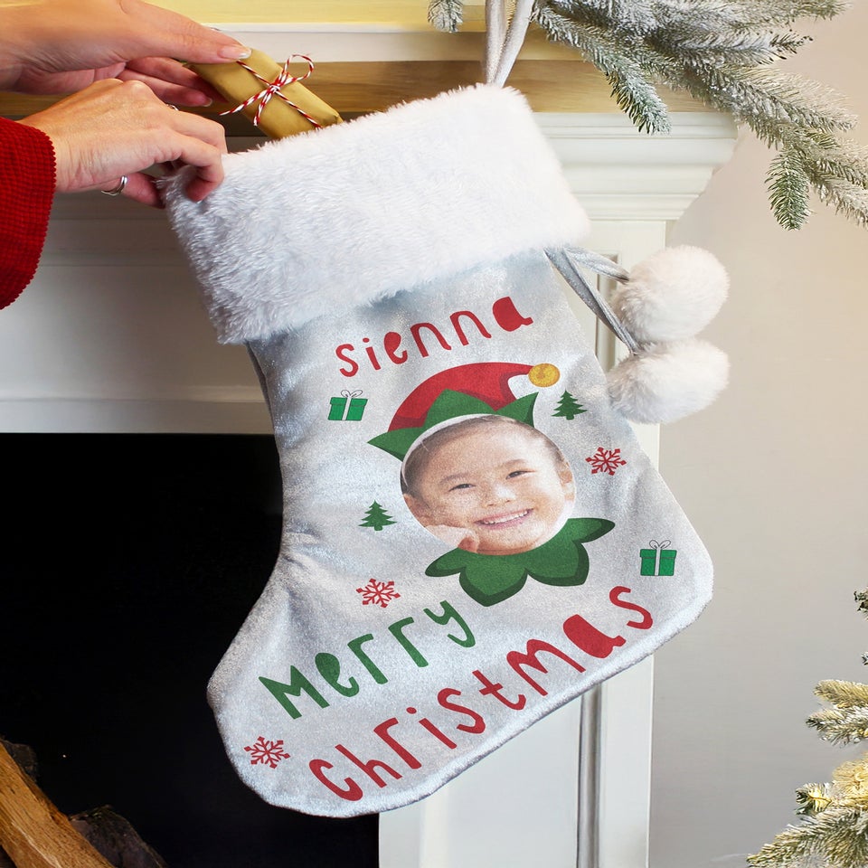 Personalised Memento Company Grey Photo Upload Elf Christmas Stocking