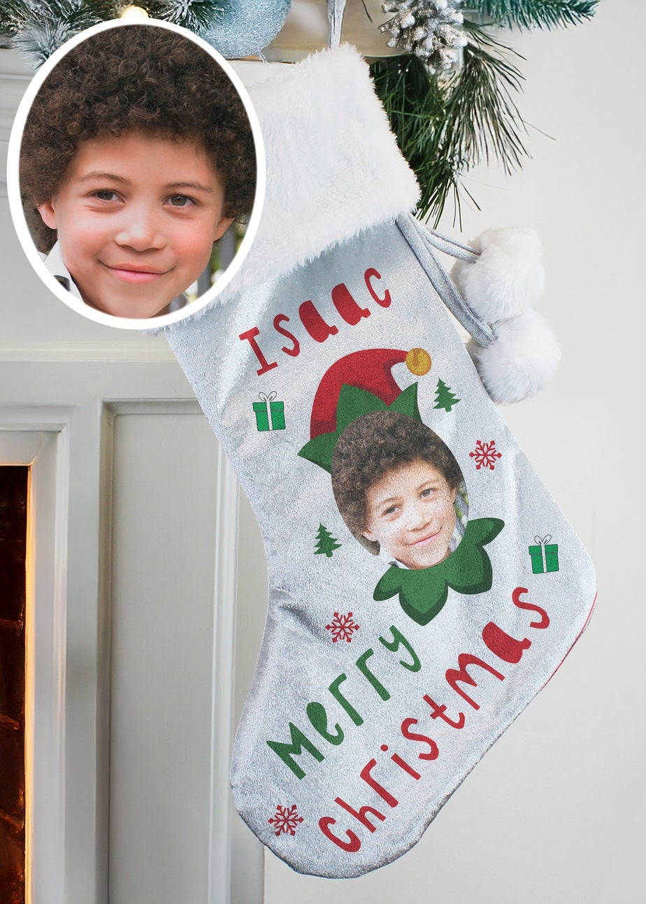 Personalised Memento Company Grey Photo Upload Elf Christmas Stocking