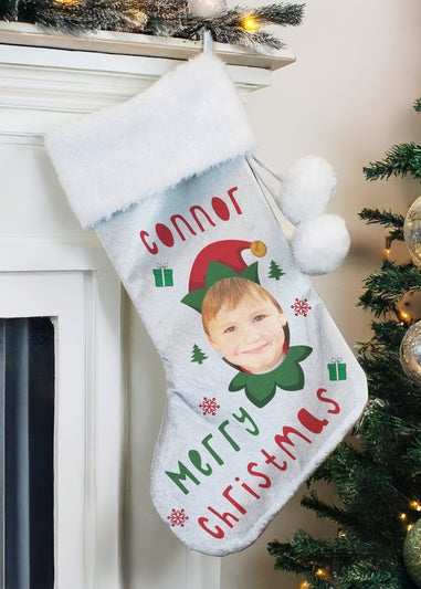 Personalised Memento Company Grey Photo Upload Elf Christmas Stocking