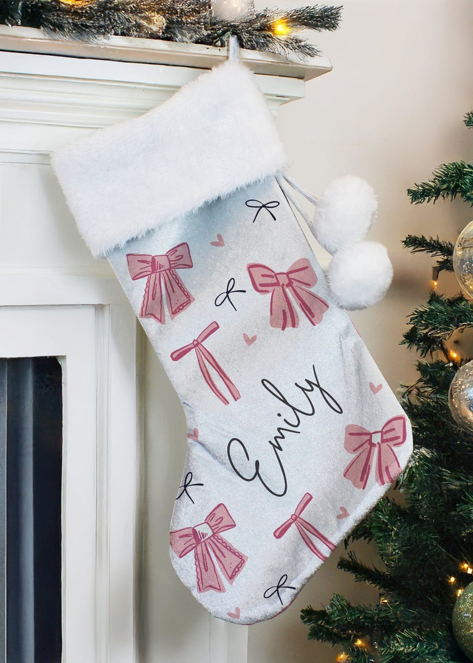Personalised Memento Company Grey Pink Bow Christmas Stocking