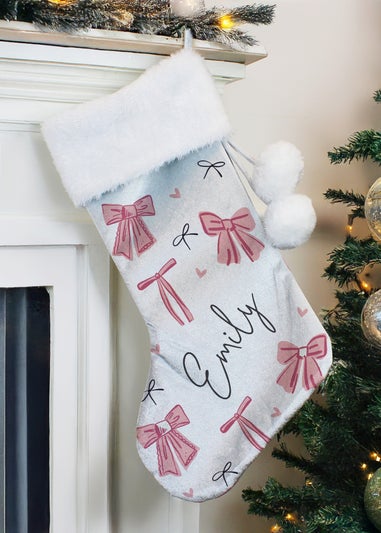 Personalised Memento Company Grey Pink Bow Christmas Stocking