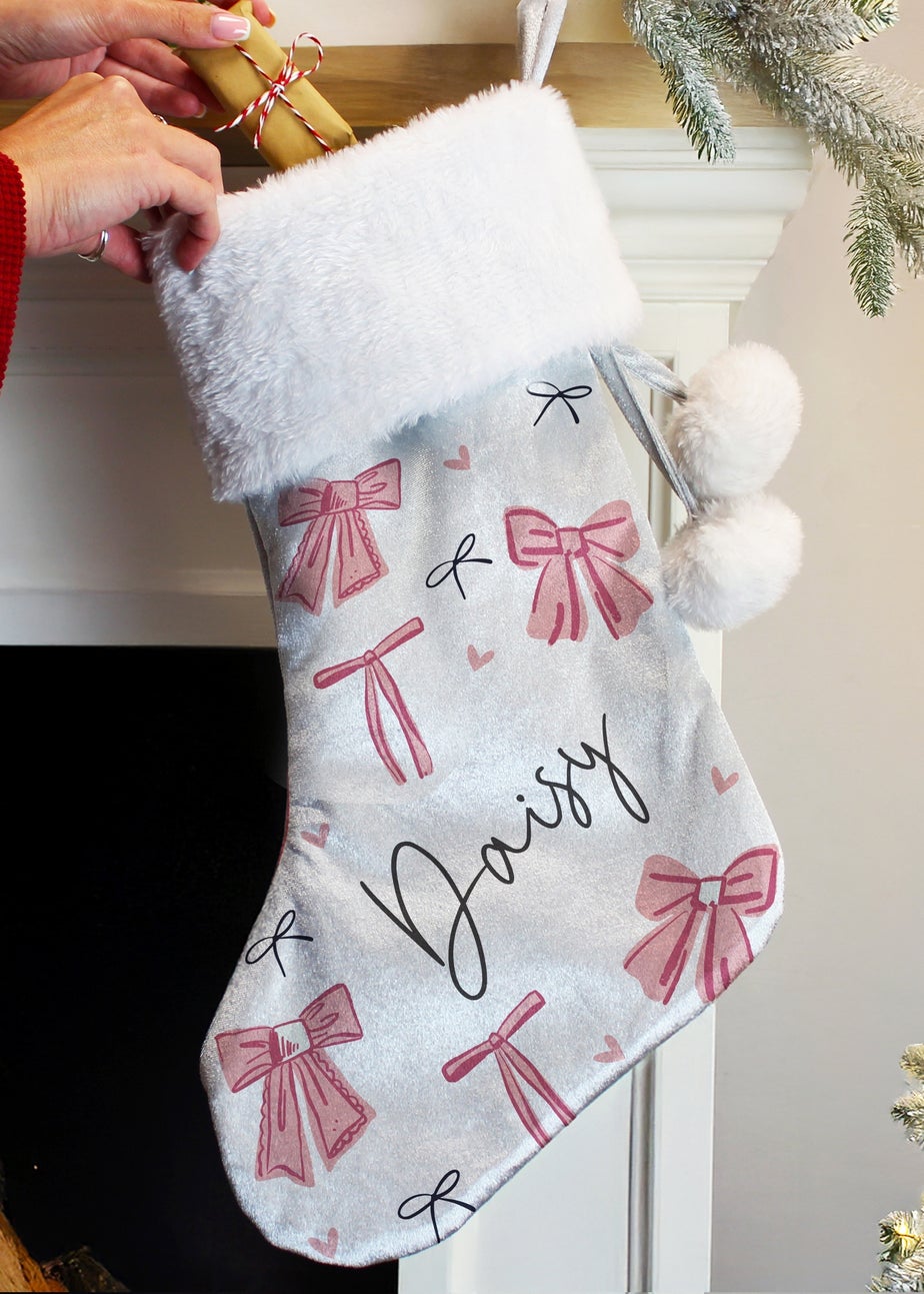 Personalised Memento Company Grey Pink Bow Christmas Stocking