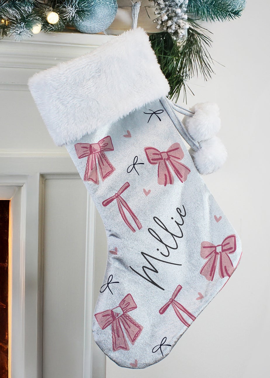 Personalised Memento Company Grey Pink Bow Christmas Stocking