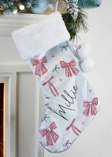 Personalised Memento Company Grey Pink Bow Christmas Stocking
