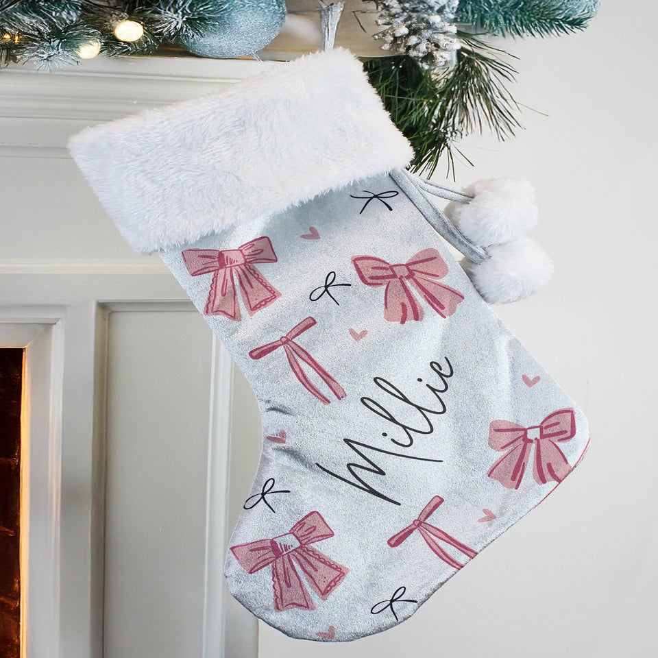 Personalised Memento Company Grey Pink Bow Christmas Stocking