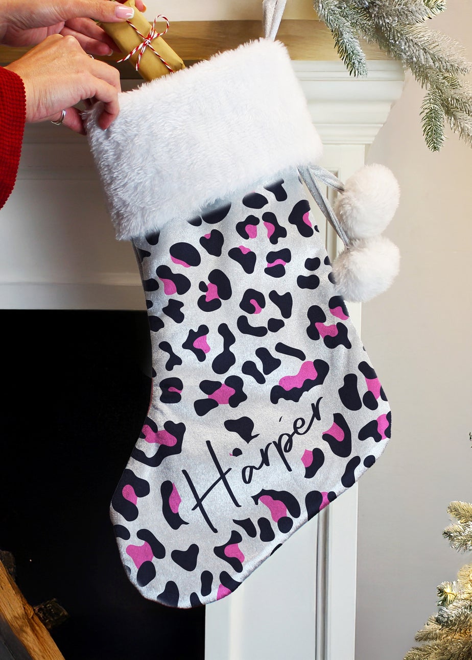 Personalised Memento Company Grey Leopard Print Christmas Stocking