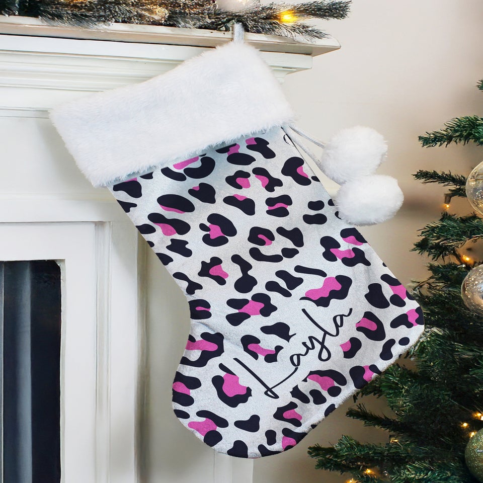 Personalised Memento Company Grey Leopard Print Christmas Stocking