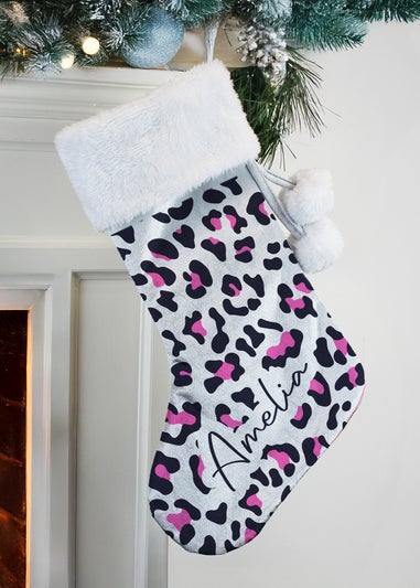 Personalised Memento Company Grey Leopard Print Christmas Stocking