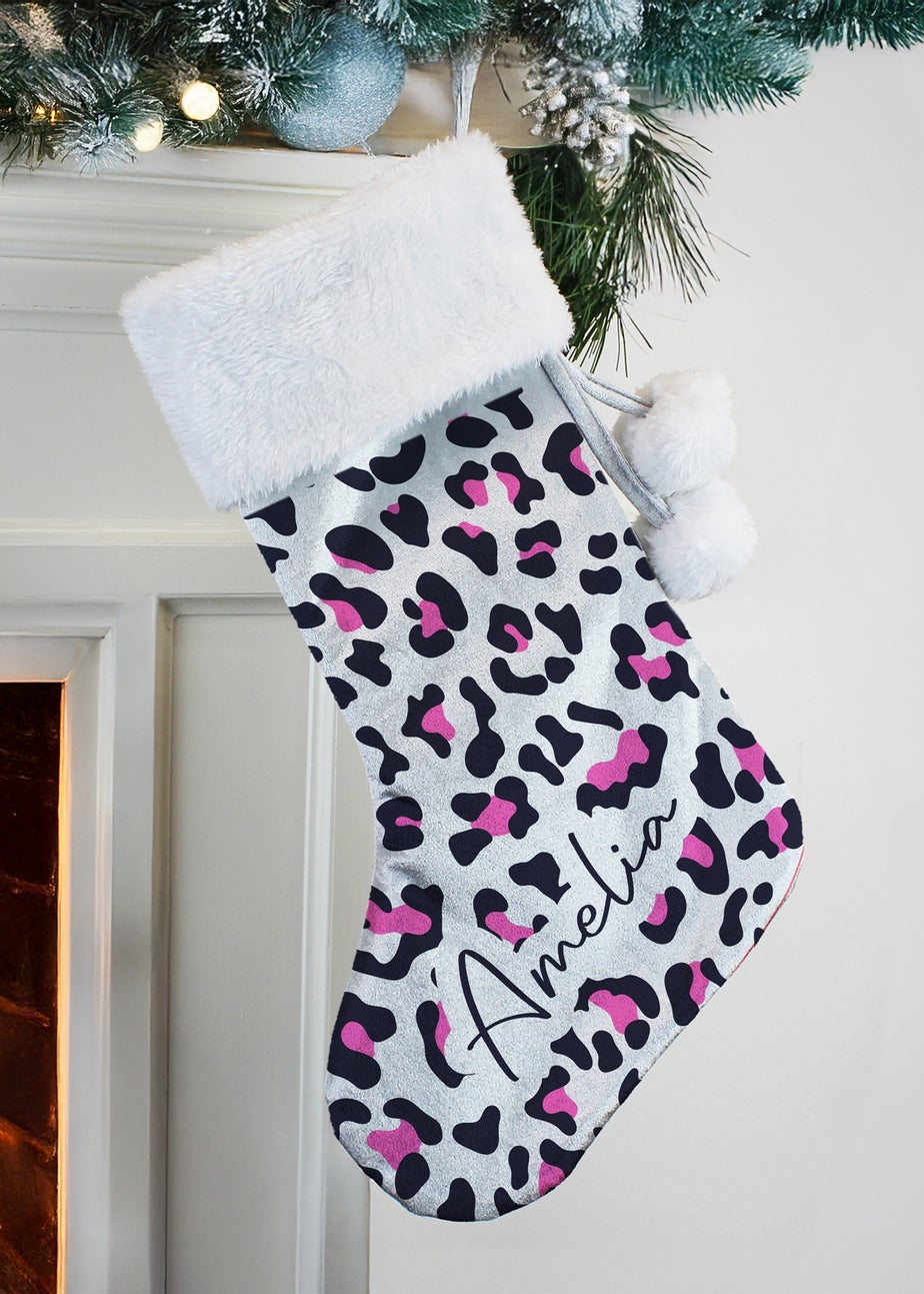 Personalised Memento Company Grey Leopard Print Christmas Stocking