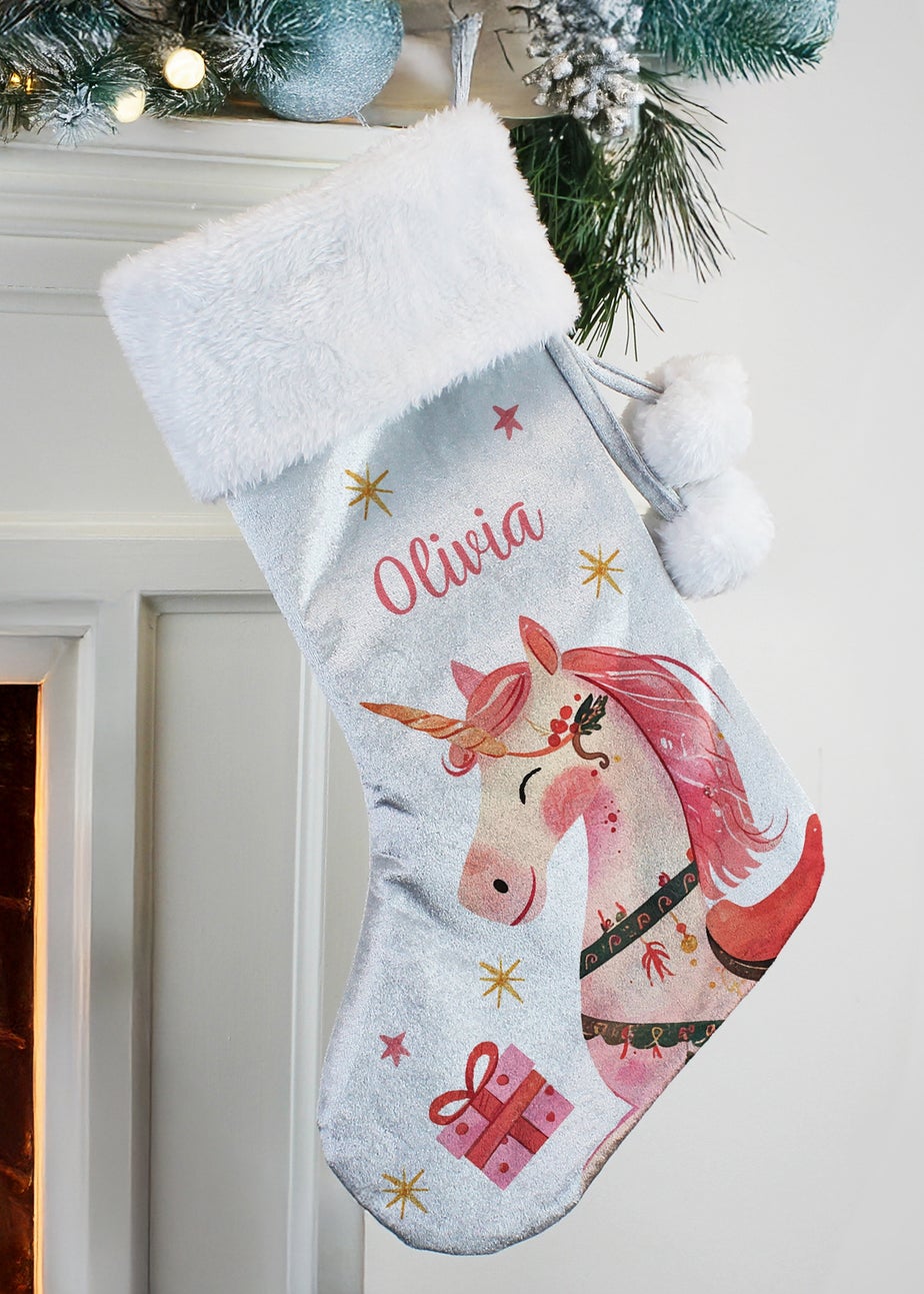 Personalised Memento Company Grey Unicorn Christmas Stocking