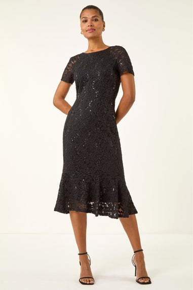 Roman Black Leaf Lace Sequin Midi Dress