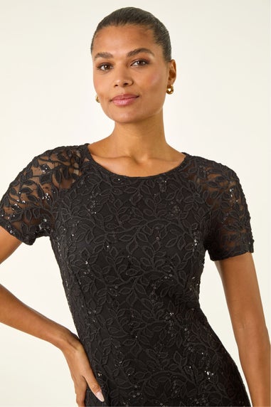 Roman Black Leaf Lace Sequin Midi Dress