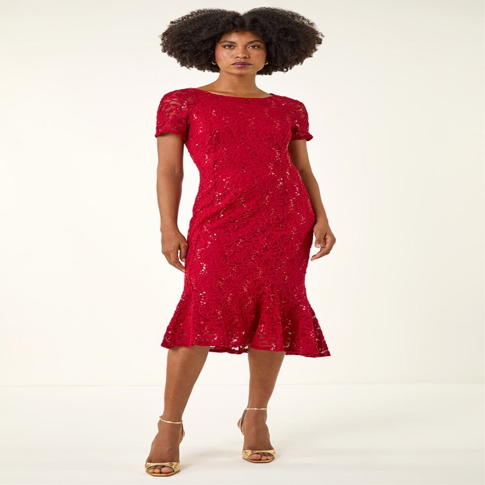 Roman Red Leaf Lace Sequin Midi Dress
