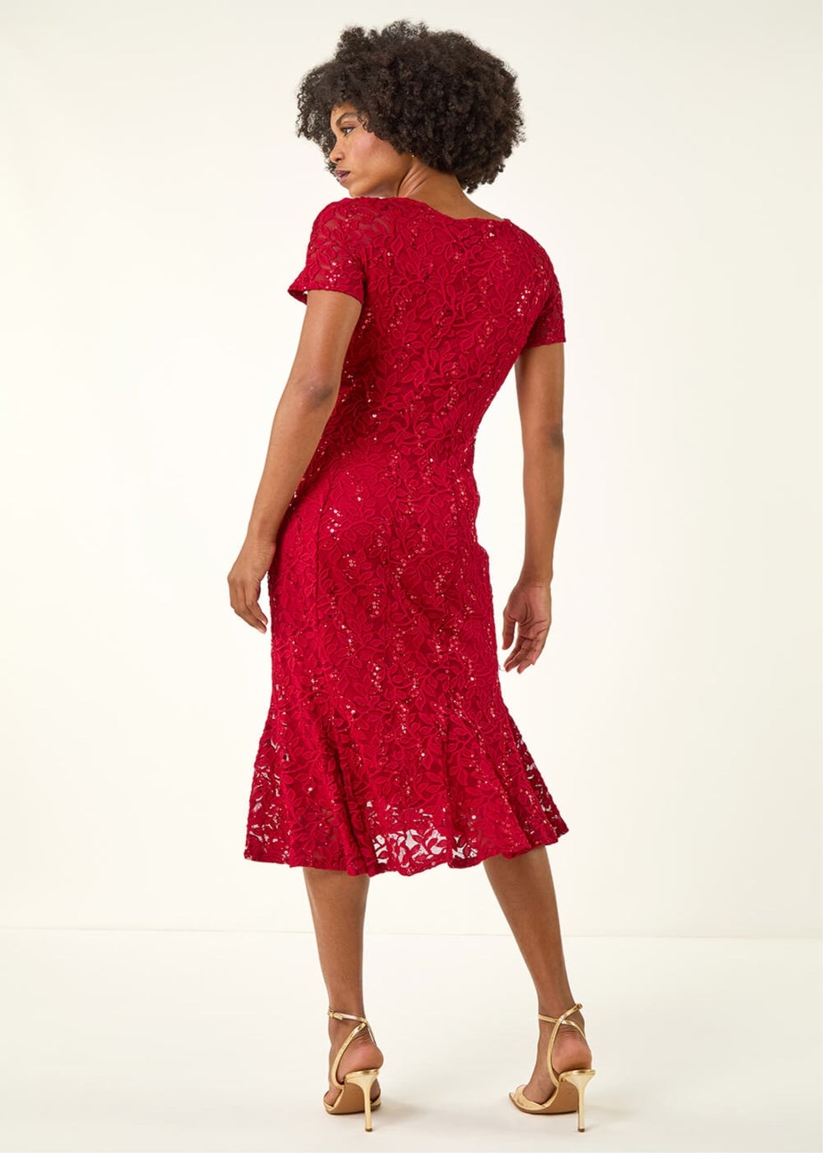 Roman Red Leaf Lace Sequin Midi Dress