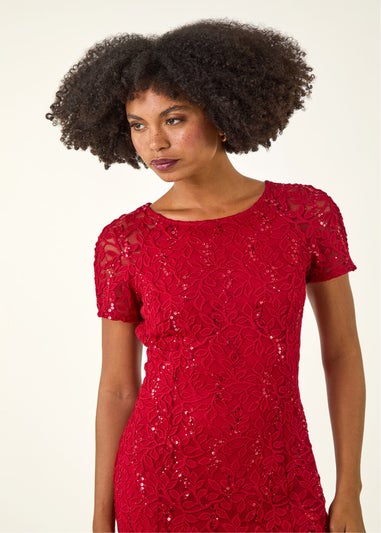 Roman Red Leaf Lace Sequin Midi Dress