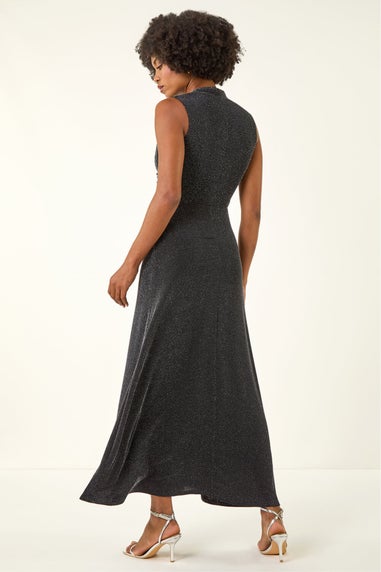 Roman Silver Shimmer Twist Detail Stretch Maxi Dress