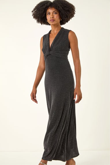 Roman Silver Shimmer Twist Detail Stretch Maxi Dress