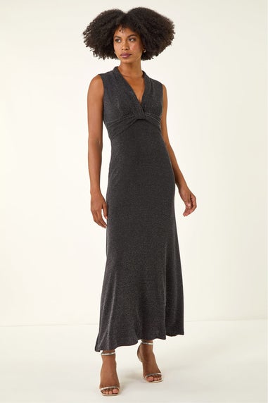 Roman Silver Shimmer Twist Detail Stretch Maxi Dress