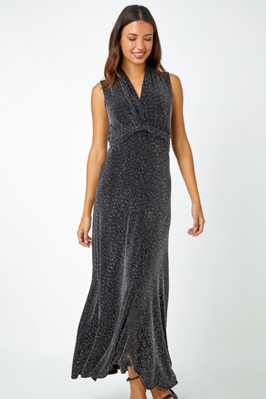 Roman Silver Shimmer Twist Detail Stretch Maxi Dress