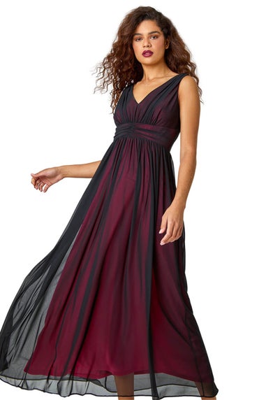 Roman Black Sleeveless Contrast Mesh Maxi Stretch Dress