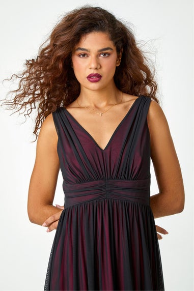 Roman Black Sleeveless Contrast Mesh Maxi Stretch Dress