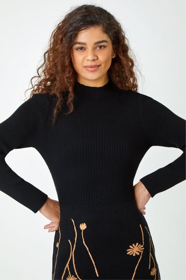 Roman Black Ribbed Knit Floral Stretch Dress