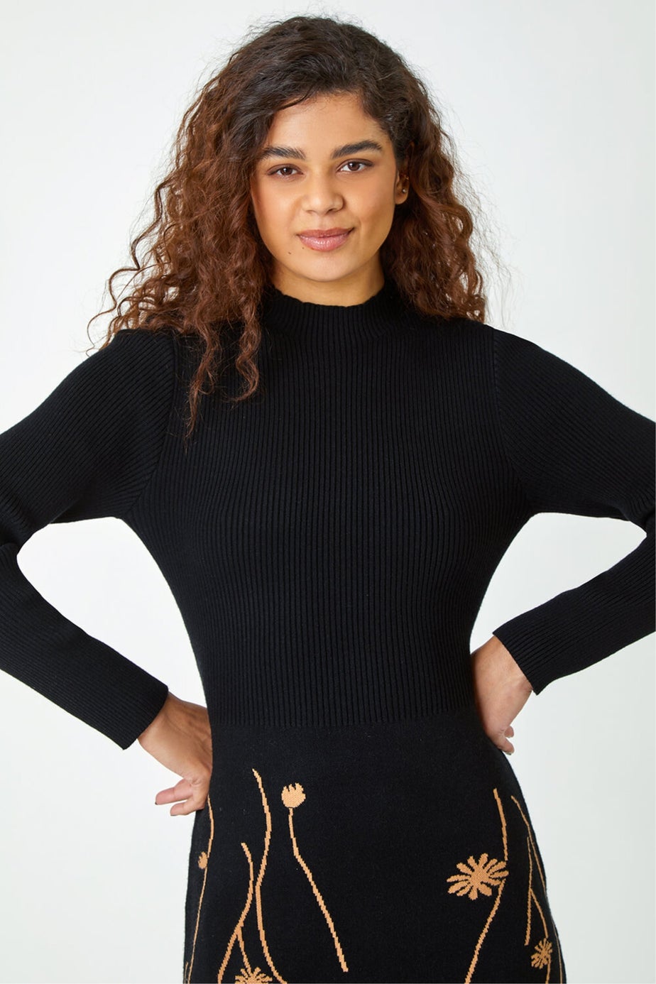 Roman Black Ribbed Knit Floral Stretch Dress