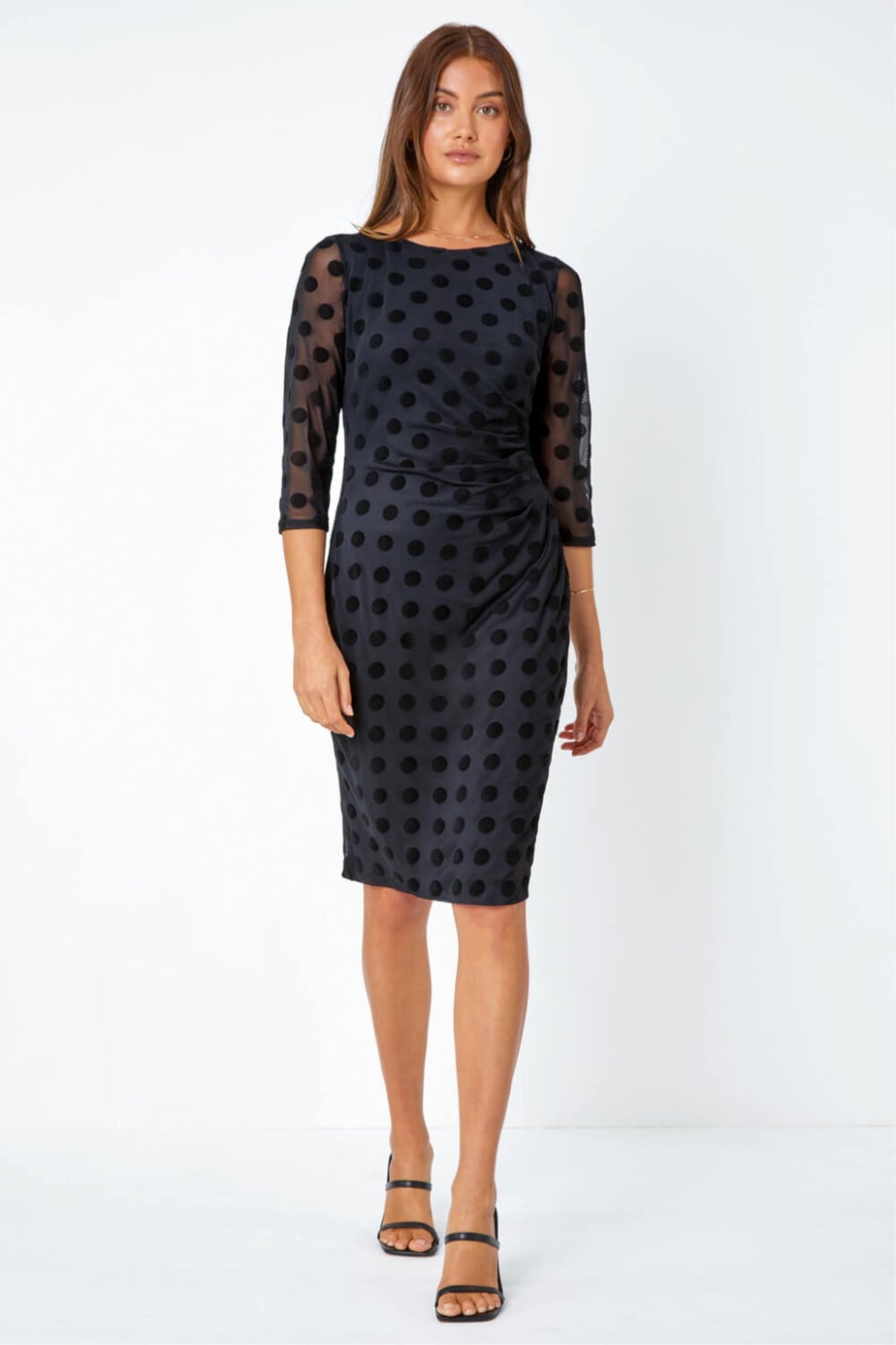 Roman Black Polka Dot Ruched Stretch Dress